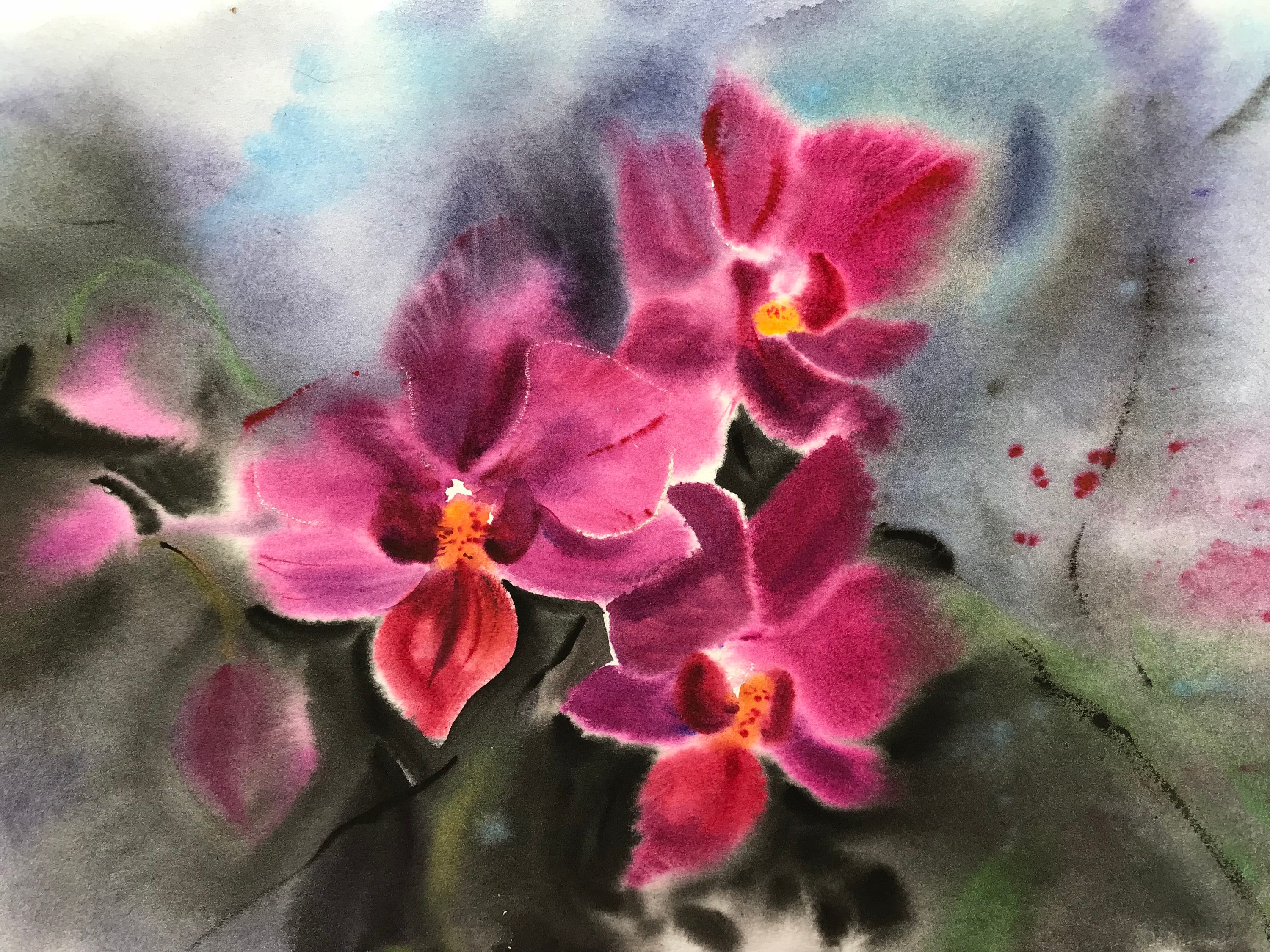 Purple orchids Watercolor Painting original artwork Etsy