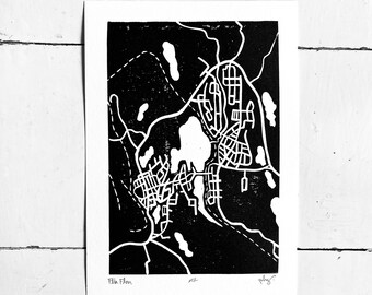 Flin Flon Map | Linocut | Printmaking | Town Map | Street Map | Small Town Print | 5 X 7