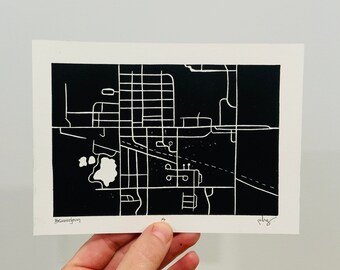 Mappa Beausejour / Linoleografia / Incisione / Mappa della città / Mappa stradale / Stampa della piccola città / 5 X 7