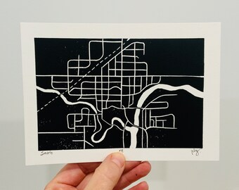 Souris Map | Linocut | Printmaking | Town Map | Street Map | Small Town Print | 5 X 7