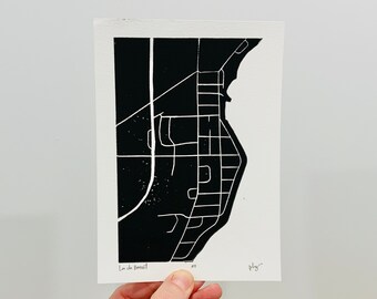Mappa del Lac du Bonnet / Linoleografia / Incisione / Mappa della città / Mappa stradale / Stampa della piccola città / 5 X 7