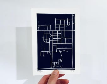 Teulon Map | Linocut | Printmaking | Manitoba | Street Map | Small Town Print | 5 X 7