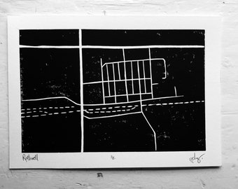 Rathwell Map, Linocut, Printmaking, Town Map, Street Map, Small Town Print, 5 X 7