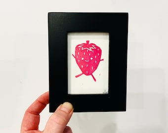 Strawberry Linocut Print | Tiny Art | Printmaking | 2.5 x 3.5