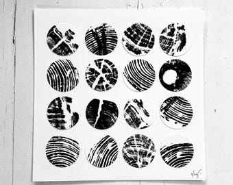 Wood Print Collage | Handprinted Tree Rings | 9 x 9"