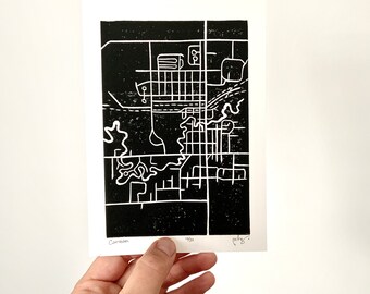 Carman Map | Linocut | Printmaking | Town Map | Street Map | Small Town Print | 5 X 7