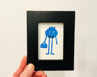 Blueberry Linocut Print | Tiny Art | Printmaking | 2.5 x 3.5