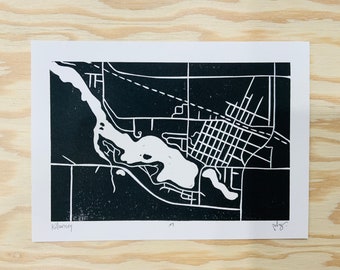 Killarney Map, Linocut, Printmaking, Town Map, Street Map, Small Town Print, 5 X 7