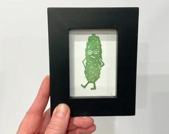 Pickle Linocut Print | Tiny Art | Printmaking | 2.5 x 3.5