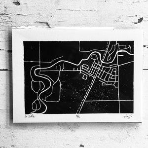 La Salle : carte | Linogravure | Gravure | Plan de la ville | Plan des rues | Impression petite ville | 5 X 7