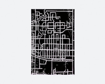 Morden Map, Linocut, Printmaking, Town Map, Street Map, Small Town Print, 5 X 7