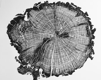 Oak II Wood Print, Handprinted Tree Rings, Woodcut Print, Nature Art, Log Print, 24 x 24