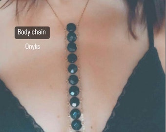 Body chain, onyx chain, body jewellery, crystals healing crystal jewellery silver jewellery, onyx Body chain, onyx Necklace, Black onyx