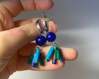 Earrings with Venetian glass, geometric jewellery, triangle Earrings, triangle Silver Earrings, Turquoise, Lapis lazuli earrings, malachite