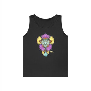 May include: Black tank top featuring a colorful floral design with a heart-shaped centerpiece. The design includes yellow, purple, and blue hues, creating a vibrant and eye-catching graphic. The tank top is made of a soft, comfortable material.