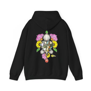 May include: Black hooded sweatshirt with a colorful graphic print of a heart surrounded by flowers, seashells, and leaves.