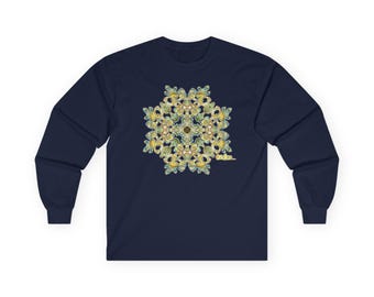 Mushroom Mandala Long Sleeve Tee, Unisex Cotton, Eco-Friendly