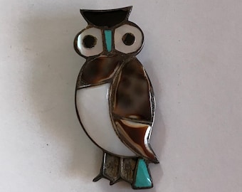 Zuni Sterling Silver Owl Brooch, larger size, with multiple inlaid stone