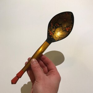 Vintage Russian Khokhloma Hand Painted Wooden Spoon / Folk Art Kitchen Decor / Black Gold and Red