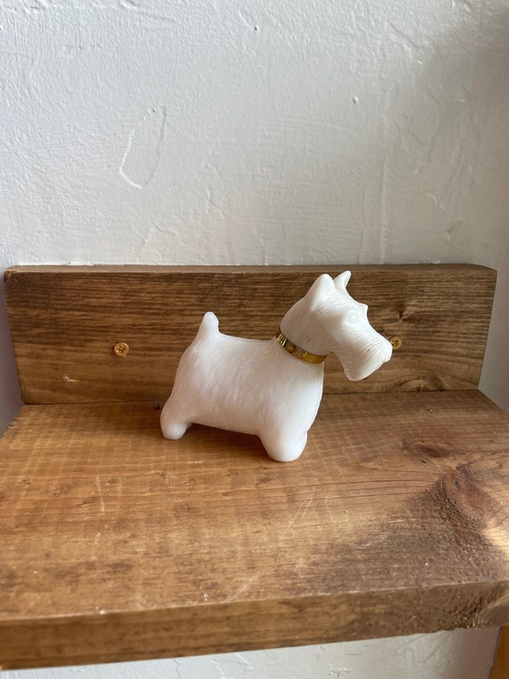 Avon White Milk Glass Scottie Dog Cologne Bottle Gem