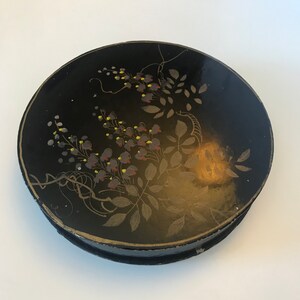Antique Papier Mache Round Box with Black Lacquer and Hand Painted Blue Florals Made in Japan