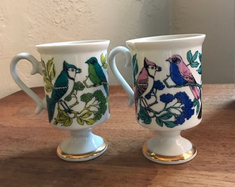 Vintage 1970s Royal Crown Arnart Smart Mugs - Birds and Flowers, Set of 2