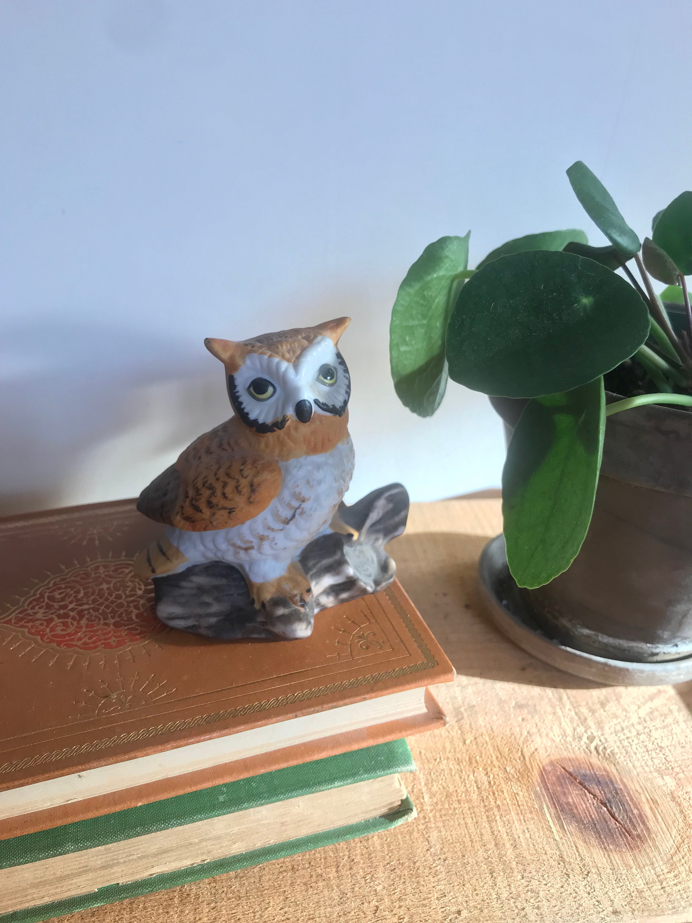 Enesco Ceramic Owl / Vintage Owl Figurine / Owl on a Branch / 1970s Bird Decor / Porcelain