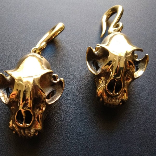 Lynx Skull Ear Weights- 6mm- Animal Skull- Body Modification- Brass Ear Weights- Voodoo Jewelry- Macabre Earrings- Gothic- Boho-Dark Jewelry