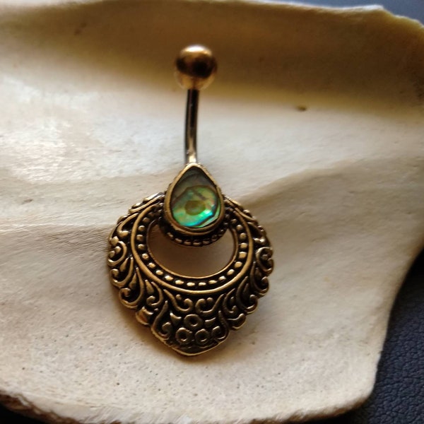 Brass Tribal Fusion Belly Piercing  with Abalone Shell- Tribal Jewelry-Ethnic Navel Piercing- Body Jewelry-Gypsy Navel Bars- Belly Ring-Chic