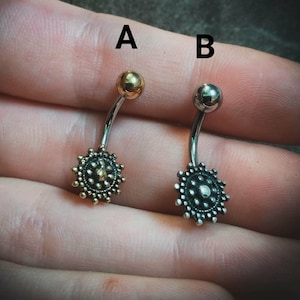 Mandala Belly Button- Sacred Geometry- Sun Flower- Geometric Pattern-Navel Bars- Belly Ring-Boho Jewelry-Navel Piercing- Gypsy-Body Piercing