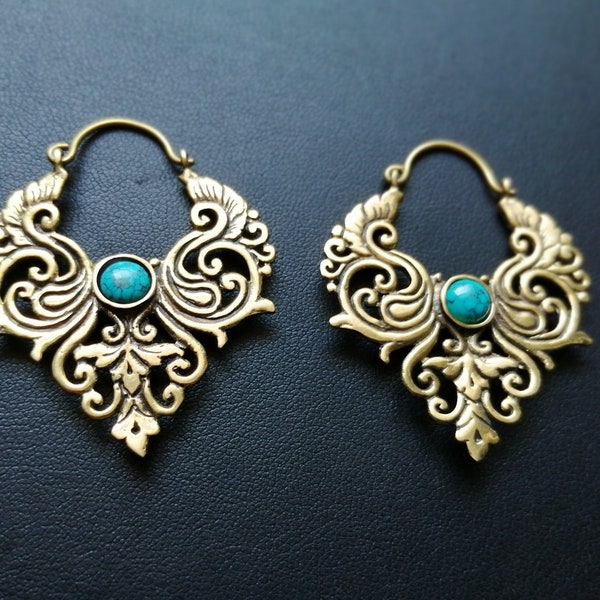 Tribal Fusion Brass Earrings with Turquoise Stone- Boho Jewels- Slow Fashion- Goddess Earrings- Gypsy Style- Ethnic Jewelry- New Collection