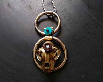 Double Circle Necklace with Lynx Skull in Brass and Garnet Stone- Heavy Necklace- Turquoise Stone- Talisman- Voodoo Jewelry- Unique Piece