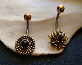 Ethnic Brass Navel Piercing with Onyx Stone- Brass Dots Belly Button Piercing- Sacred Lotus Navel Bars- Boho Jewelry- Belly Ring- Belly Bars