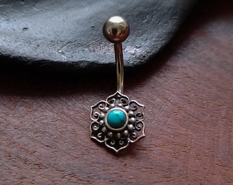 Lotus Flower 925 Silver Belly Piercing with Turquoise Stone- Boho Jewels- Goddess- Navel Bars- Slow Fashion- Silversmith- New Collection