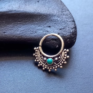Goddess 925 Silver Septum Ring with Turquoise Stone- 1.2mmx8mm- Tribal Fusion- Dots Pattern- Silversmith- Cartilage- Helix- Alt Jewelry