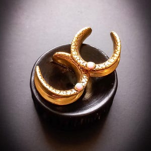 以下が含まれることがあります： 金色の三日月型ピアス2つ。表面はテクスチャ加工で、小さな薄いピンク色のアクセントが付いています。ピアスは、暗い背景に対して、黒い円形の表面に置かれています。