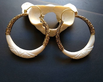 Carved Buffalo Bone Hoops with Brass- Size XXL- Flowers Pattern- Boho Jewelry- Tribal Ornaments- Goddess- Ethnic Jewelry-Chic-New Collection