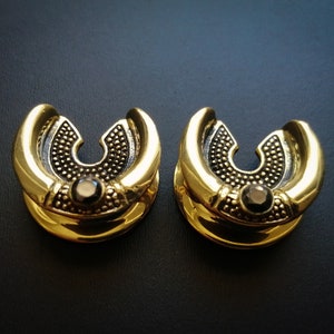 Neotribal Brass Ear Tunnels with Onyx Stone- 14mm- 9/16&quot;ga- Ethnic Jewelry- Unisex- Ear Saddles Hangers- Boho- Stretch Ears- New Collection