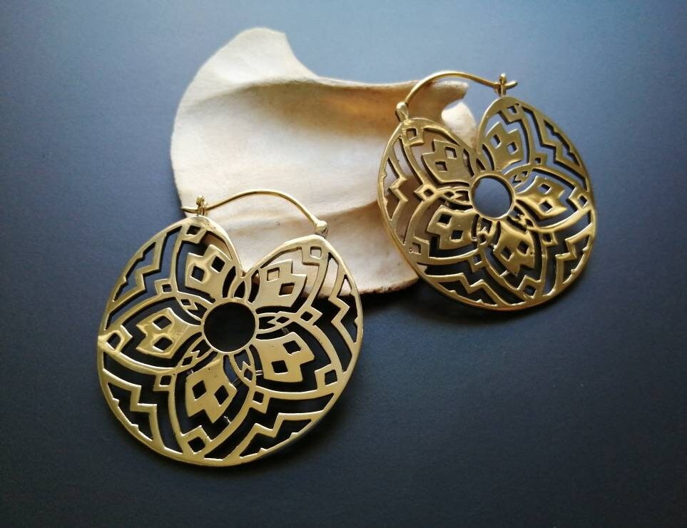 Geometric Flowers Brass Earrings Boho Jewels- Goddess- Slow Fashion- Sacred Geometry- Tribal Fusion- Gypsy Style- Ornamental-New Collection
