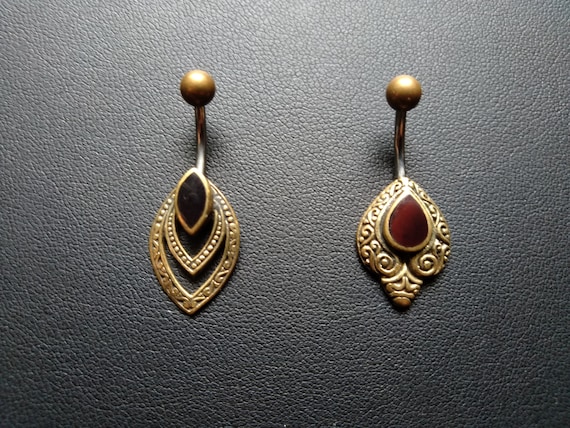 Tribal Navel Ring with Onyx or Avalon Shell- Navel Bars- Tribal  Fusion-Belly Ring Jewelry- Navel Piercing- Gypsy-New Collection-Body Jewelry - Main Image