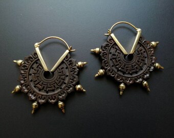 Sayagata Carved Arrang Wood Brass Earrings- Boho Jewelry- Goddess- Neotribal- Alternative Style- Organic Jewelry- Ornamental- New Collection