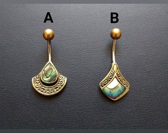 Tribal Ethnic Brass Navel Piercing with Abalone Shell- Body Jewelry- Navel Bars-Tribal Fusion- Boho Jewelry-Belly Button Piercing-Belly Ring