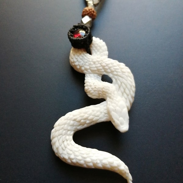 Deer Bone Carved Mamba Snake Pendant Necklace with Beautiful Garnet Stone- Adjustable Size- Rudraksha- Micromacrame- Unisex- Dark Jewelry