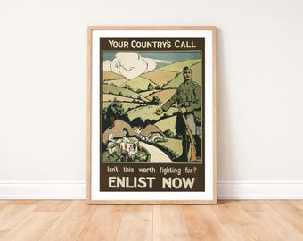 WW1 Recruitment Poster Enlist Now: Restored Reproduction Military Print