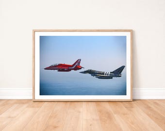 RAF Red Arrows and Typhoon Jets in flight Photo Print: Military Aviation Wall Art