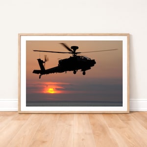 British Army Apache Helicopter Flying at Sunset Photo Print: Military Aviation Wall Art