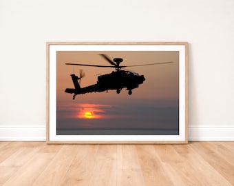 British Army Apache Helicopter Flying at Sunset Photo Print: Military Aviation Wall Art