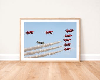 Spitfire Plane Flying with the RAF Red Arrows Photo Print: Military Aviation Wall Art