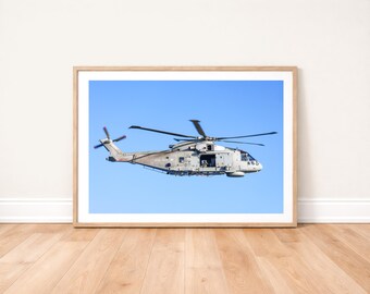 Royal Navy Merlin Helicopter Flying Photo Print: Military Aviation Wall Art