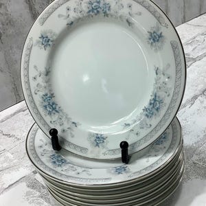 May include: A stack of white porcelain dinner plates with a floral design in blue and gray. Each plate has a silver trim and a delicate floral pattern around the rim. The plates are stacked on a black plate stand.